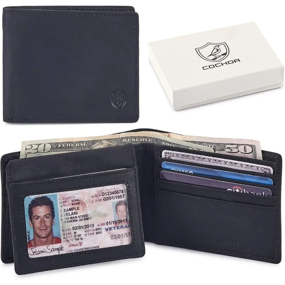 Men's Unique Metal Real Slim Black Genuine Vintage Leather Stylish Wallet